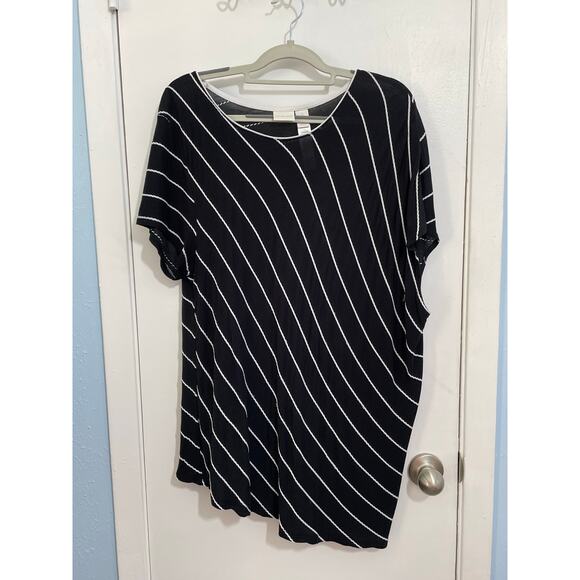 Chico's Blouse XL Black White Striped Embroidered Asymmetrical Minimalist - Picture 1 of 6